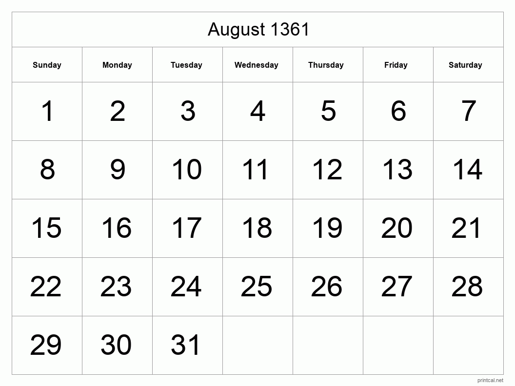August 1361 Printable Calendar - Big Dates