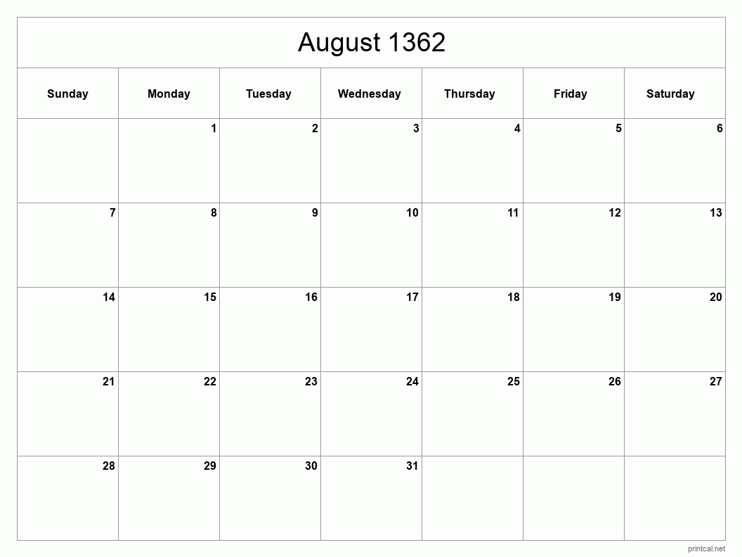 August 1362 Printable Calendar - Classic Blank Sheet