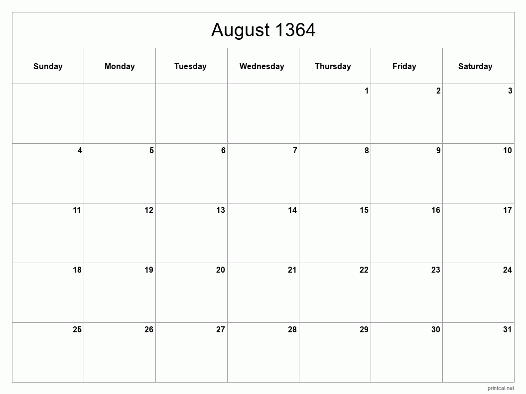 August 1364 Printable Calendar - Classic Blank Sheet