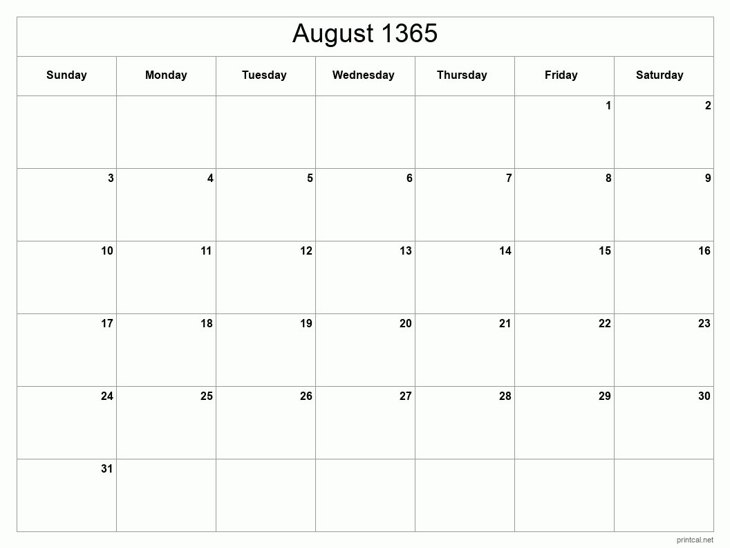 August 1365 Printable Calendar - Classic Blank Sheet