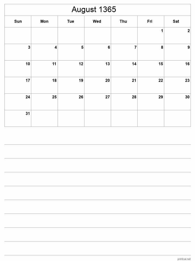 August 1365 Printable Calendar - Half-Page With Notesheet