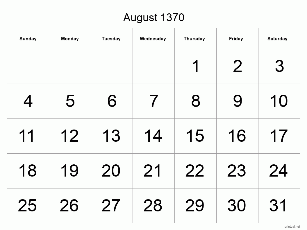 August 1370 Printable Calendar - Big Dates