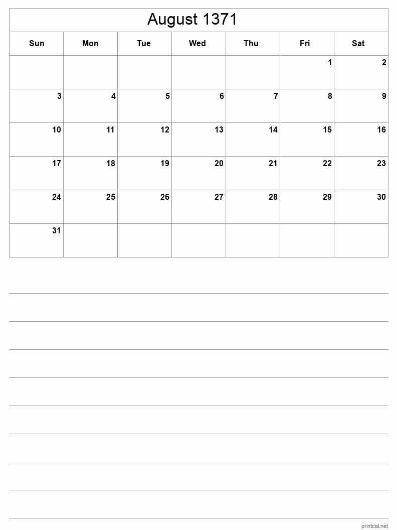 August 1371 Printable Calendar - Half-Page With Notesheet