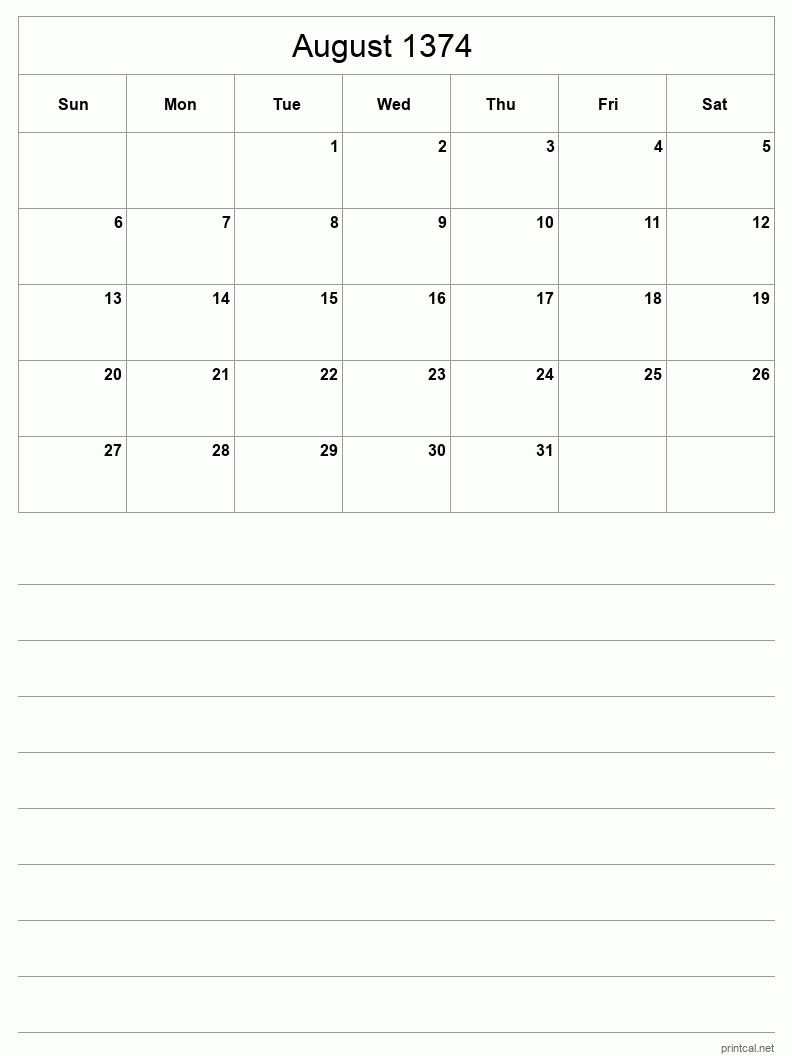 August 1374 Printable Calendar - Half-Page With Notesheet