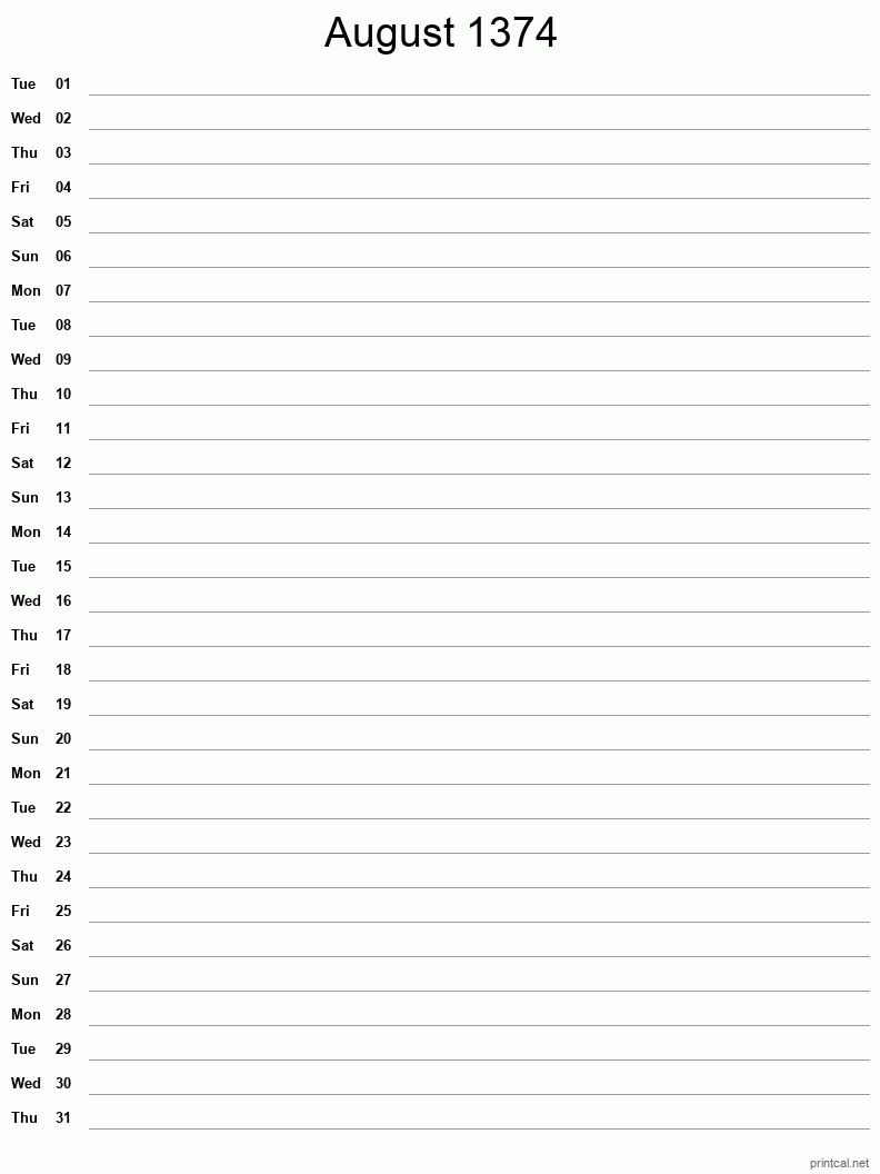 August 1374 Printable Calendar - Single Column Notesheet