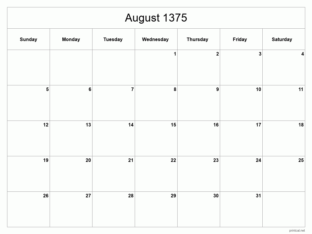 August 1375 Printable Calendar - Classic Blank Sheet
