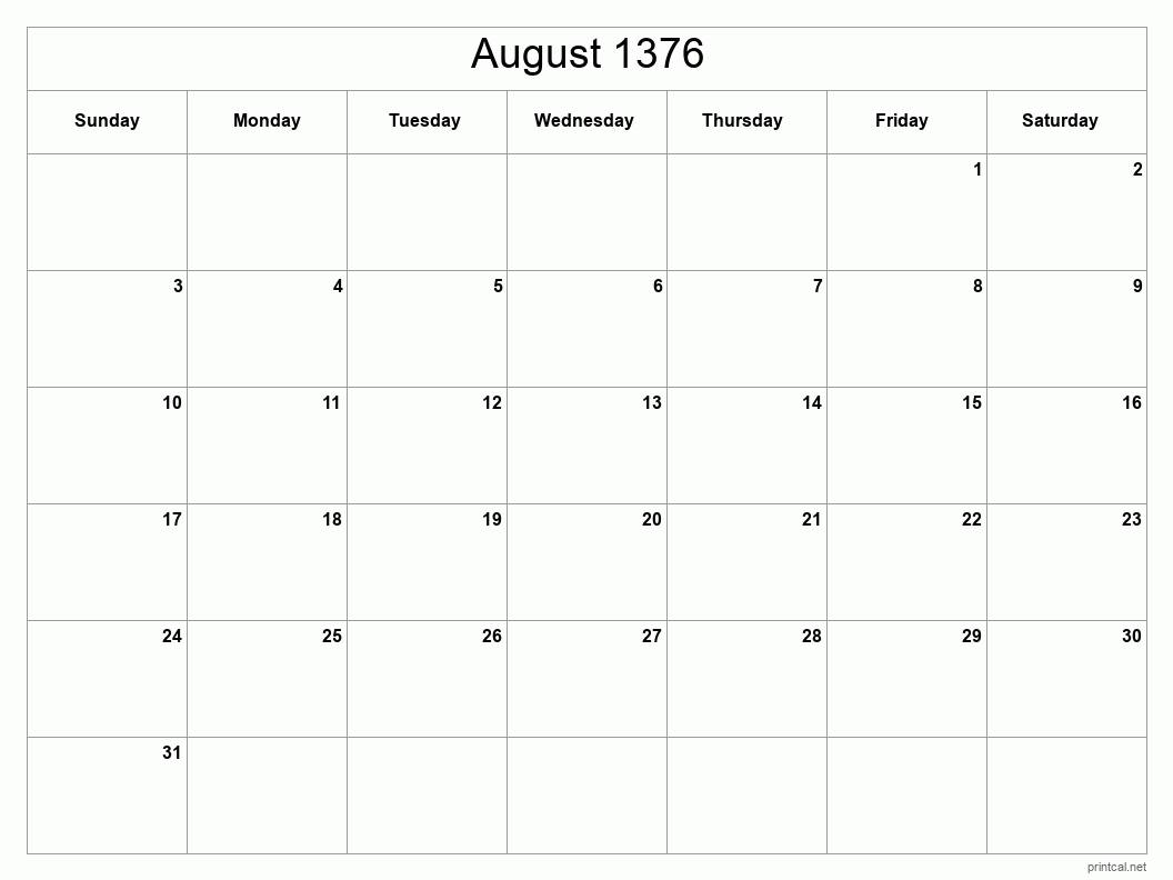 August 1376 Printable Calendar - Classic Blank Sheet