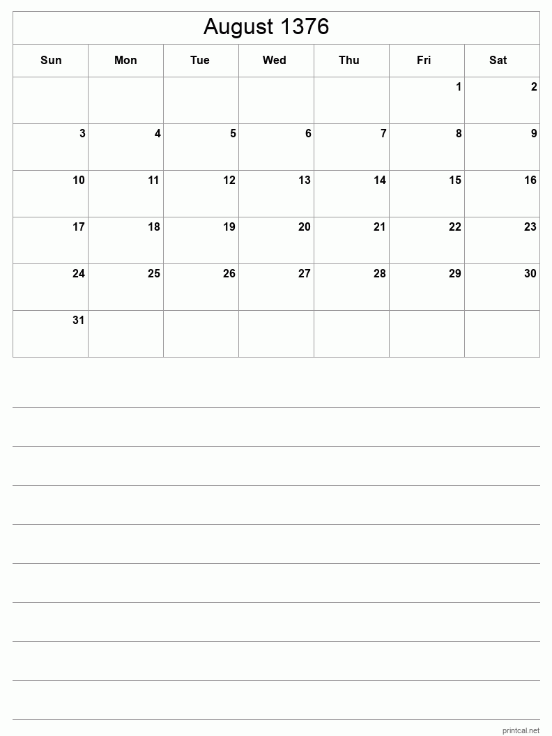 August 1376 Printable Calendar - Half-Page With Notesheet