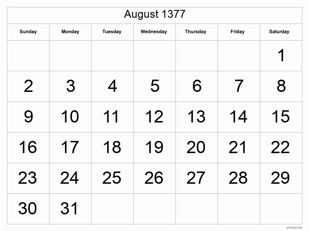 August 1377 Printable Calendar - Big Dates