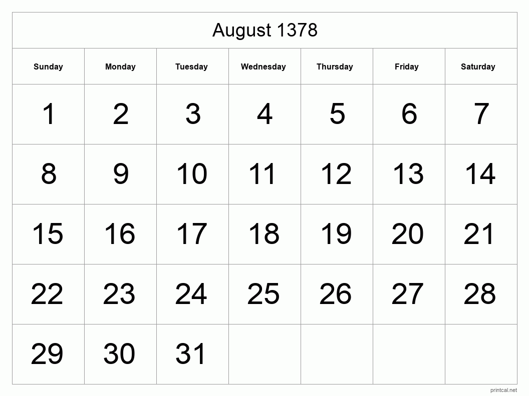August 1378 Printable Calendar - Big Dates