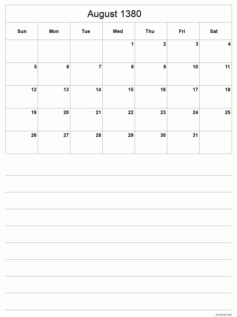 August 1380 Printable Calendar - Half-Page With Notesheet