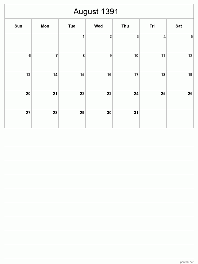 August 1391 Printable Calendar - Half-Page With Notesheet