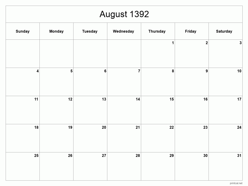 August 1392 Printable Calendar - Classic Blank Sheet