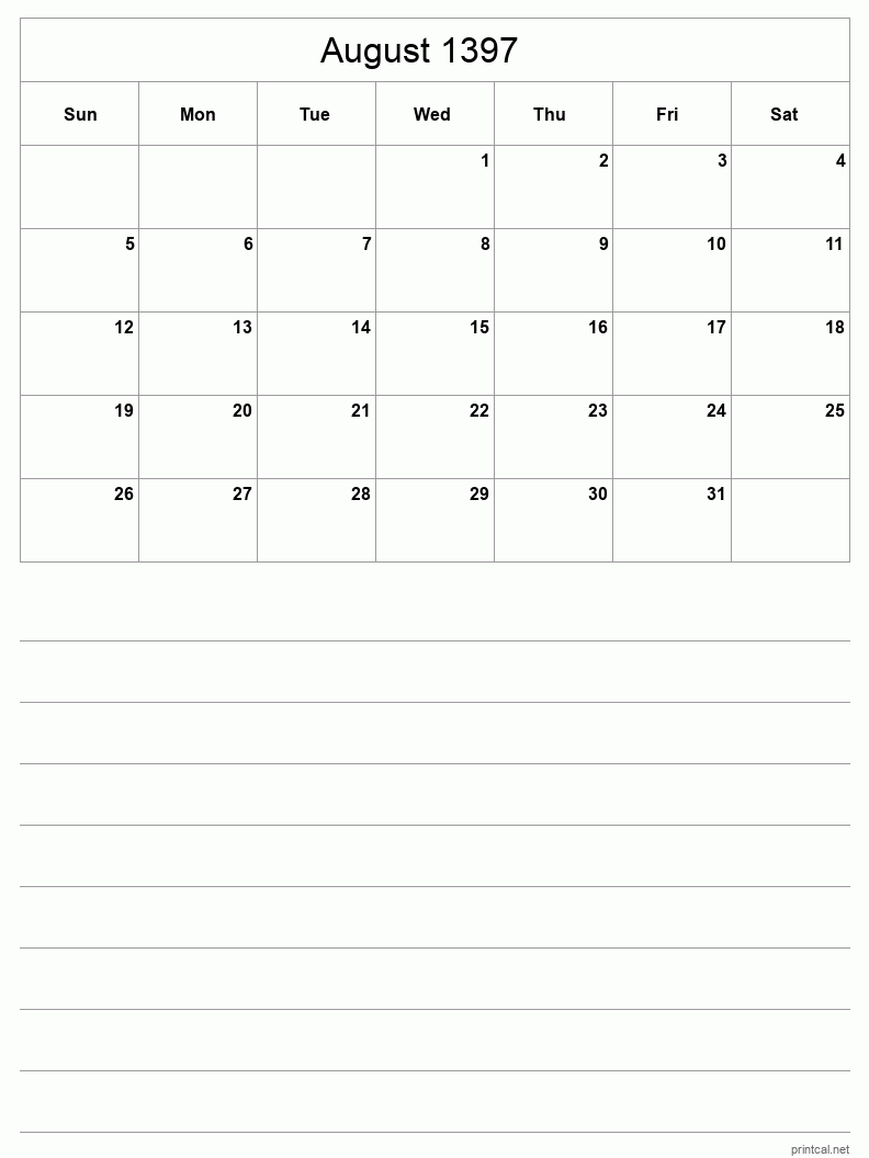 August 1397 Printable Calendar - Half-Page With Notesheet