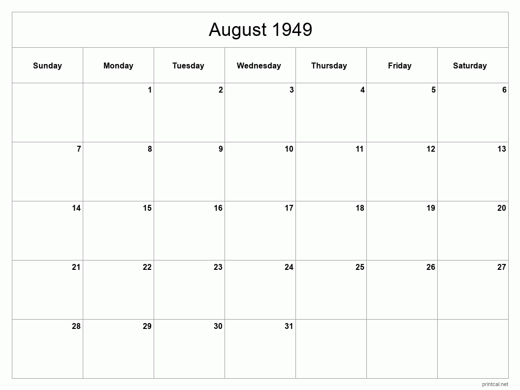 August 1949 Printable Calendar - Classic Blank Sheet