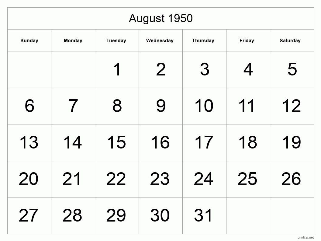 August 1950 Printable Calendar - Big Dates