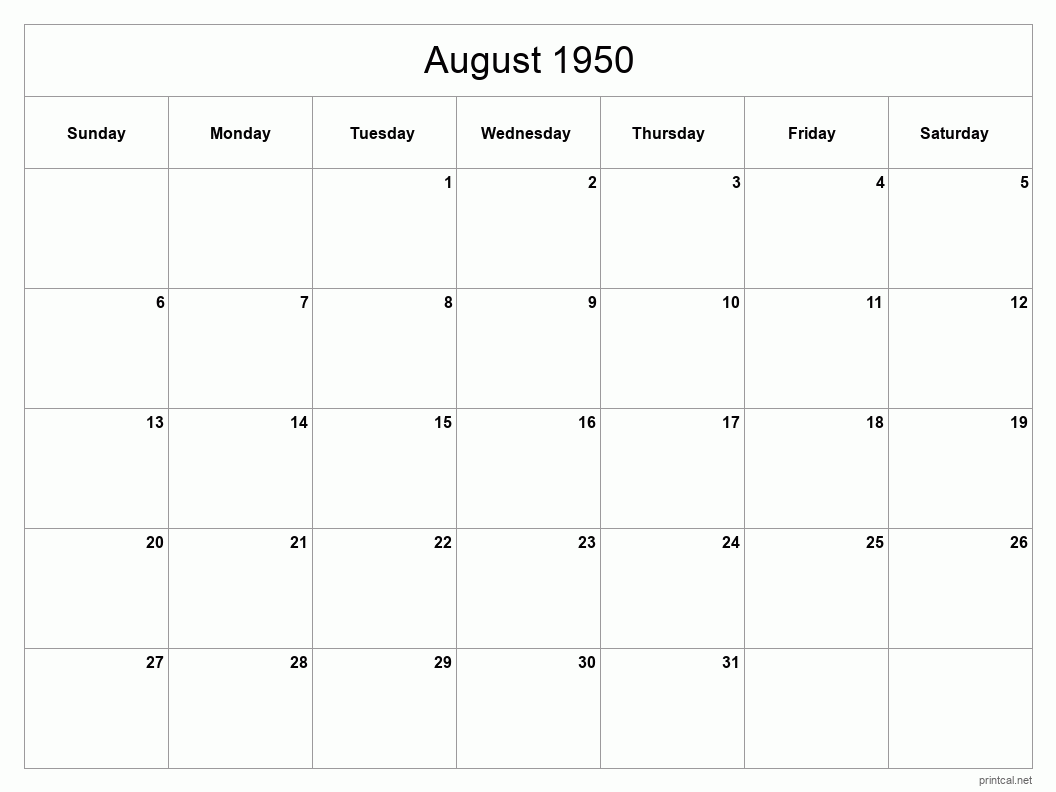 August 1950 Printable Calendar - Classic Blank Sheet