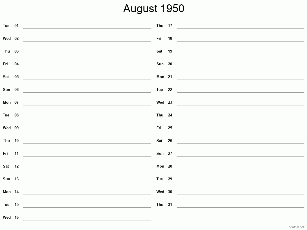 August 1950 Printable Calendar - Two Column Notesheet