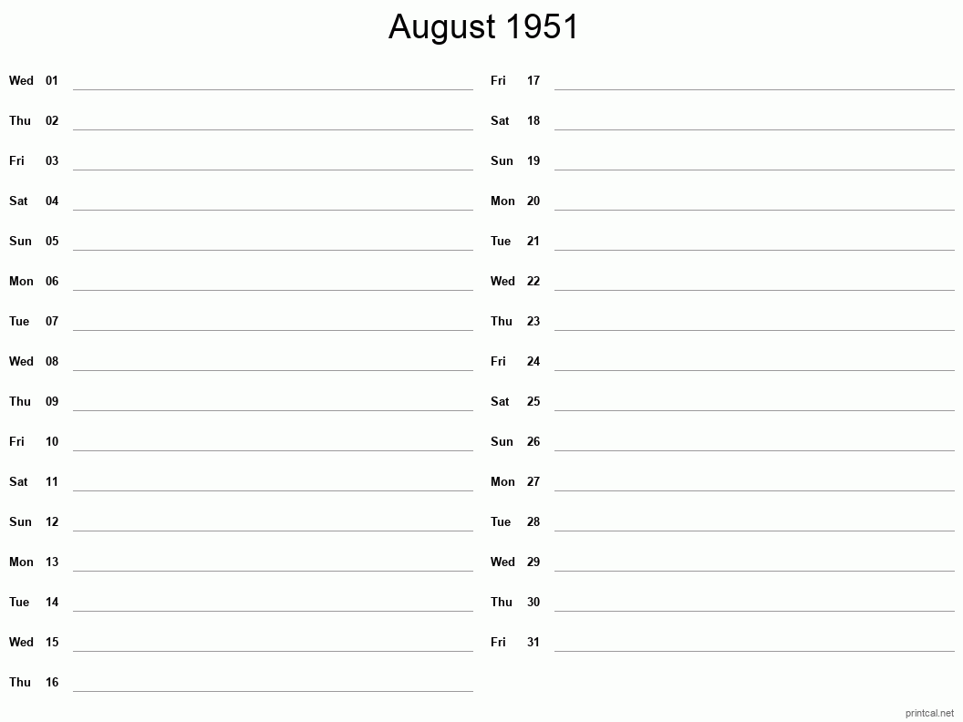 August 1951 Printable Calendar - Two Column Notesheet