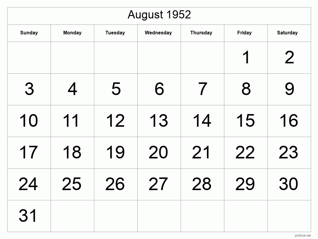 August 1952 Printable Calendar - Big Dates