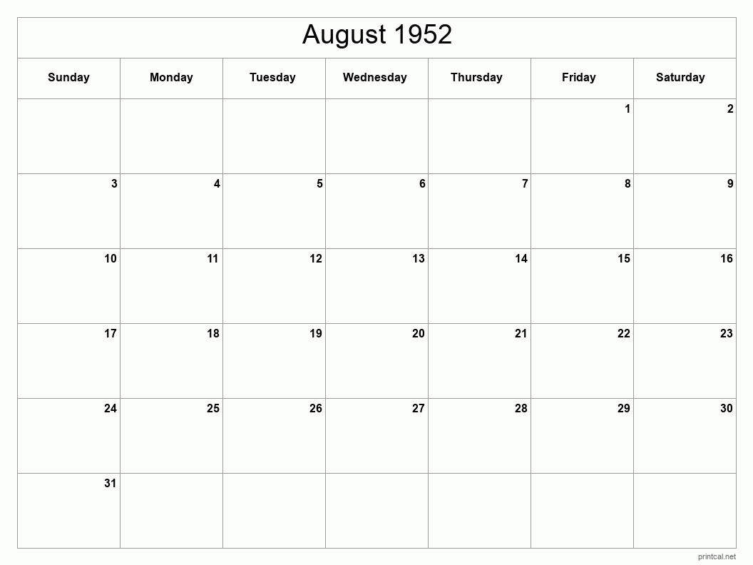 August 1952 Printable Calendar - Classic Blank Sheet