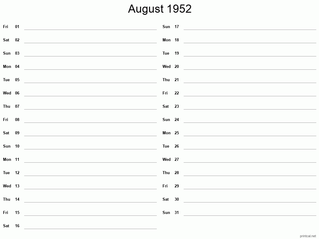 August 1952 Printable Calendar - Two Column Notesheet