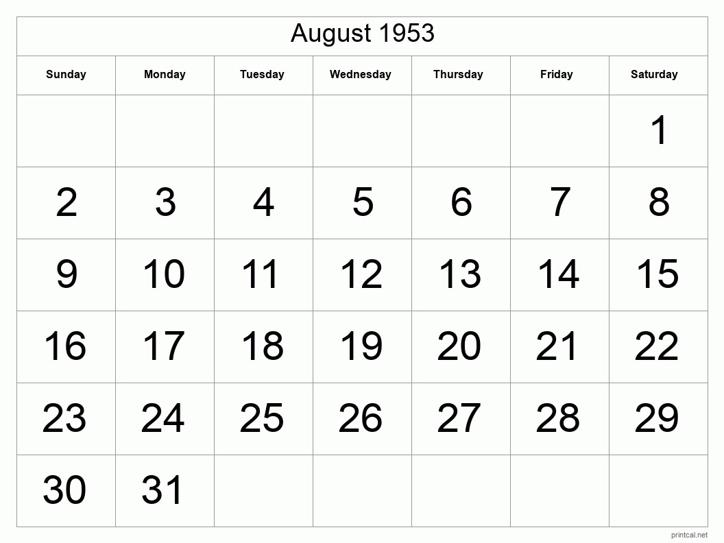 August 1953 Printable Calendar - Big Dates