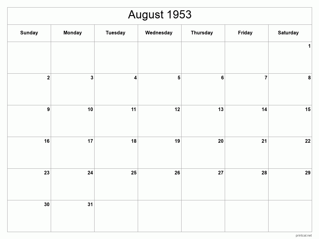 August 1953 Printable Calendar - Classic Blank Sheet