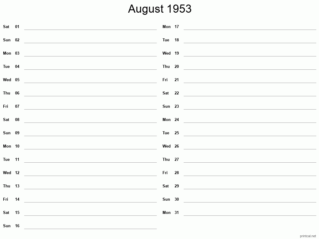 August 1953 Printable Calendar - Two Column Notesheet