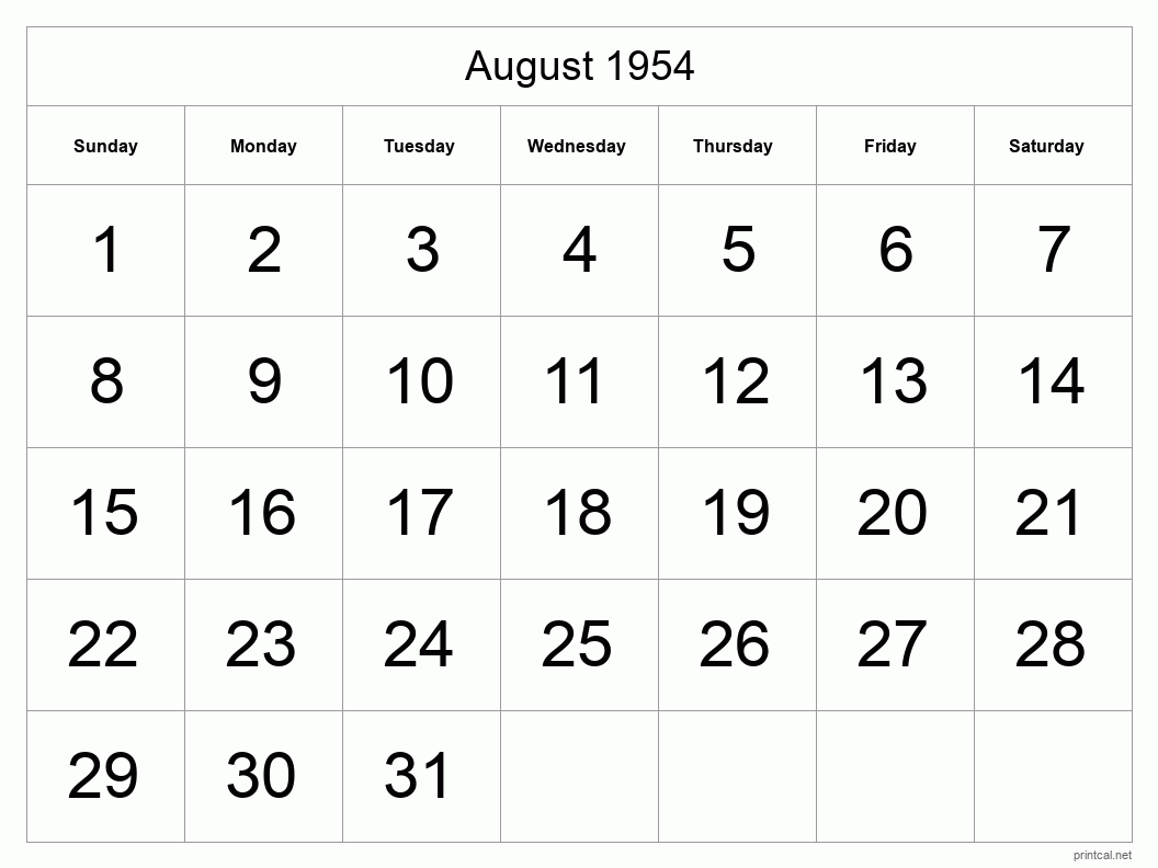 August 1954 Printable Calendar - Big Dates