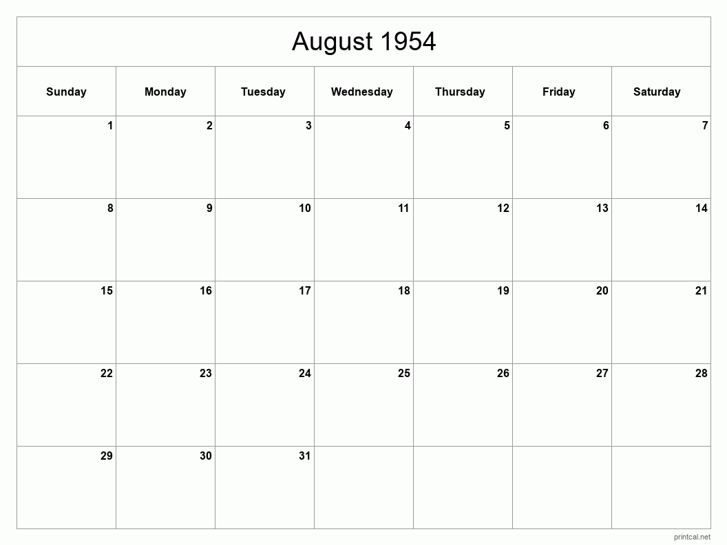 August 1954 Printable Calendar - Classic Blank Sheet