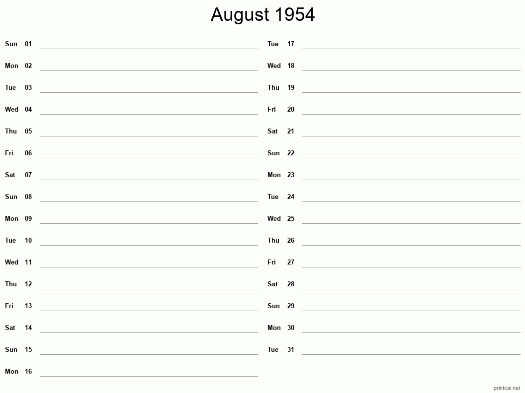 August 1954 Printable Calendar - Two Column Notesheet