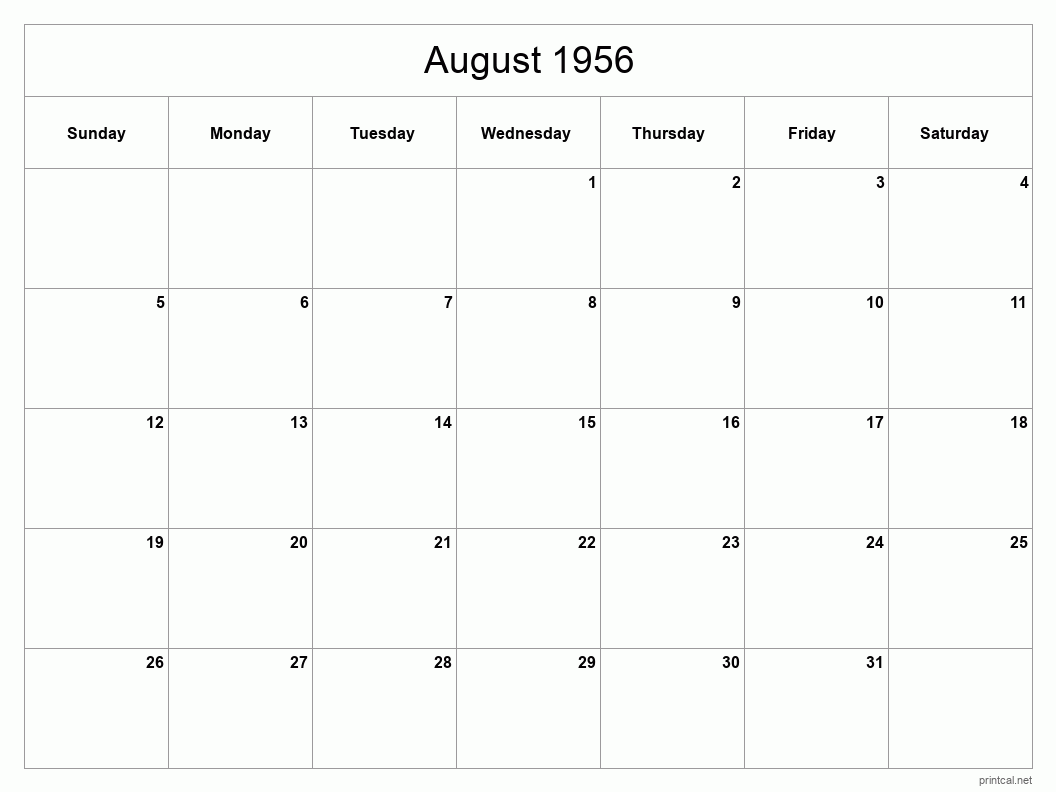 August 1956 Printable Calendar - Classic Blank Sheet