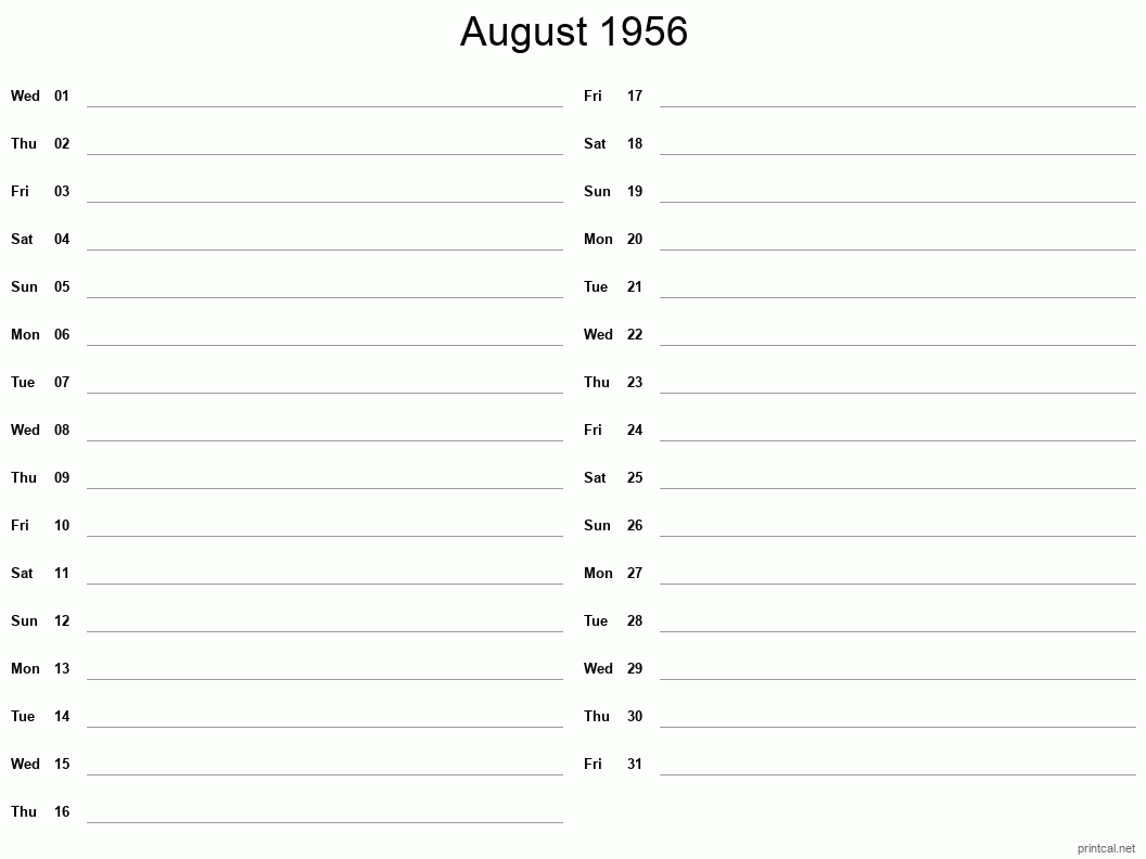 August 1956 Printable Calendar - Two Column Notesheet