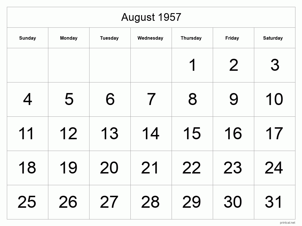 August 1957 Printable Calendar - Big Dates