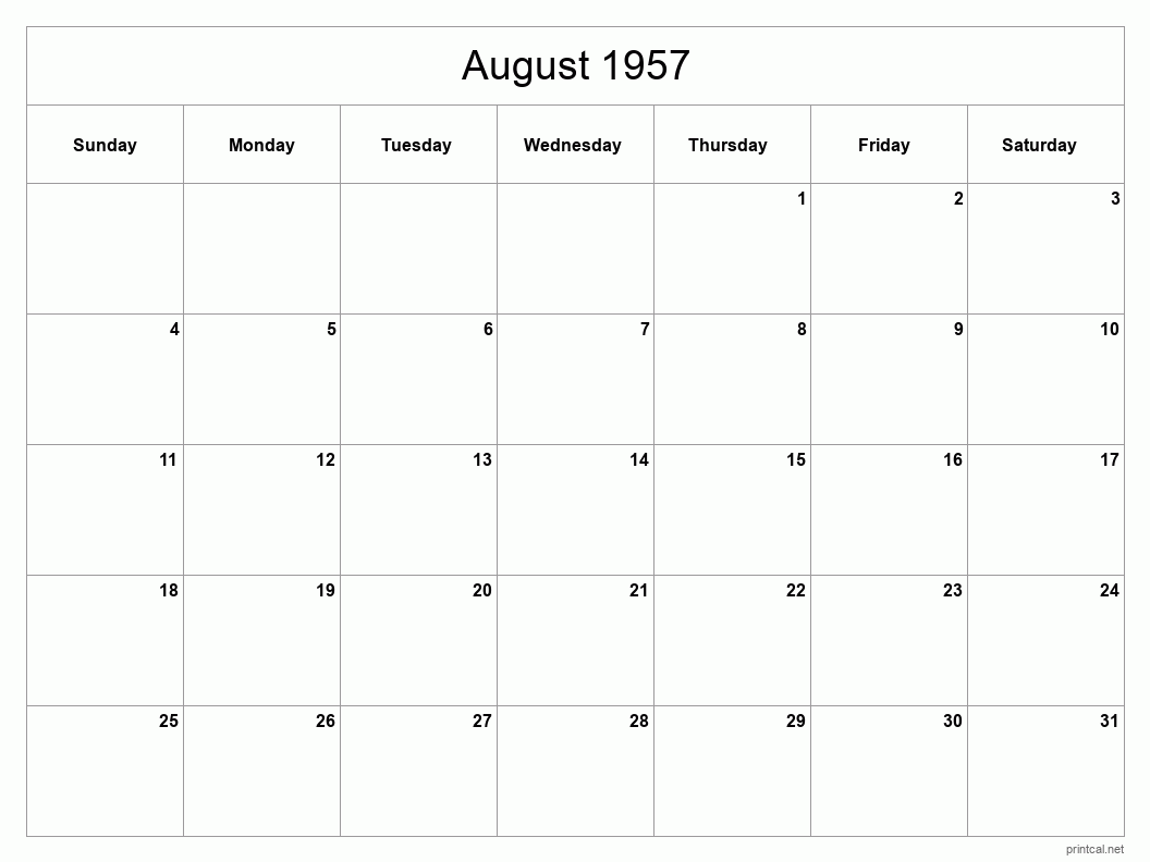 August 1957 Printable Calendar - Classic Blank Sheet