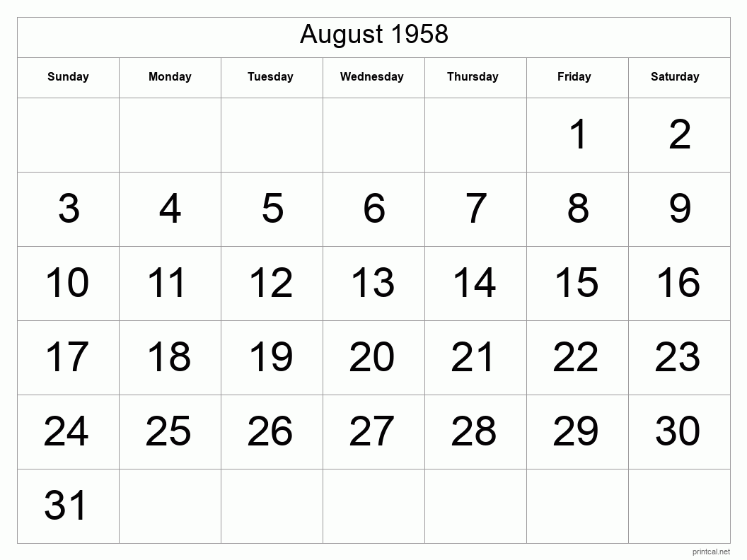 August 1958 Printable Calendar - Big Dates