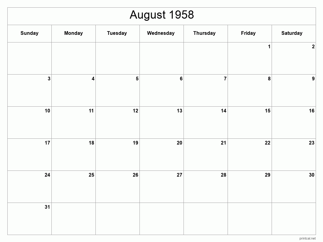 August 1958 Printable Calendar - Classic Blank Sheet