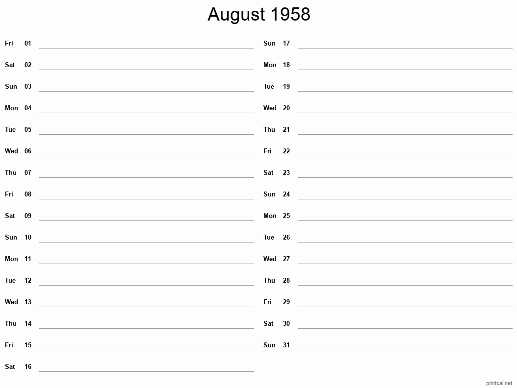 August 1958 Printable Calendar - Two Column Notesheet