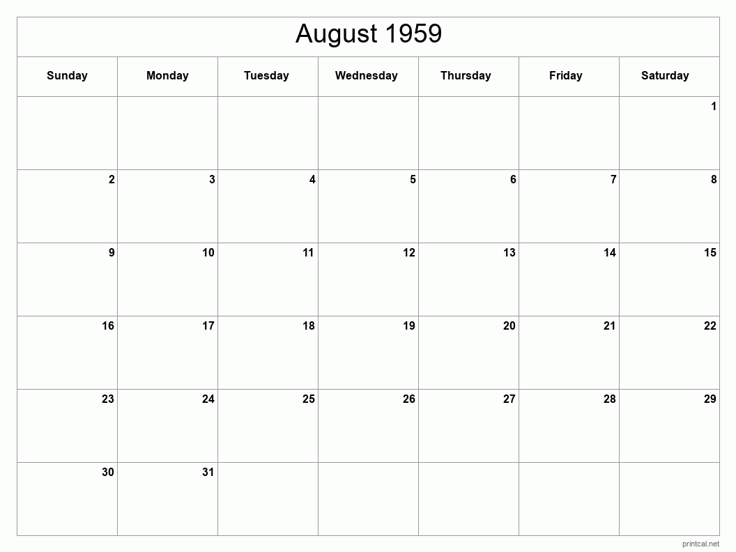 August 1959 Printable Calendar - Classic Blank Sheet