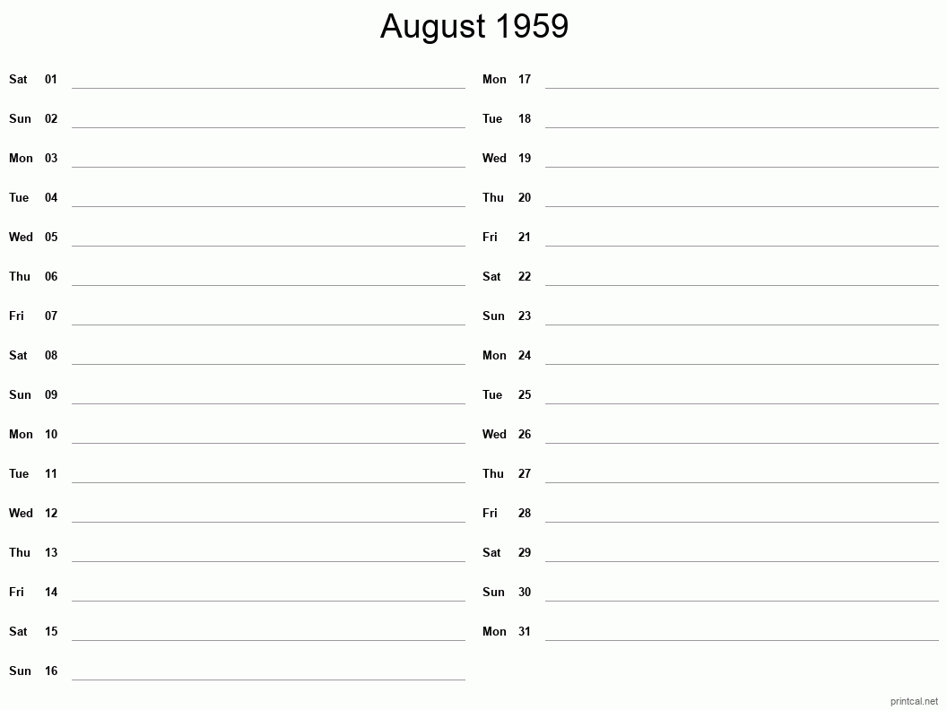 August 1959 Printable Calendar - Two Column Notesheet