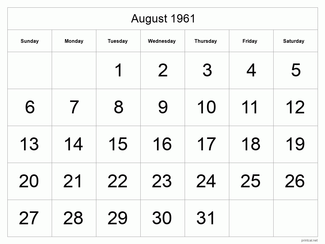 August 1961 Printable Calendar - Big Dates