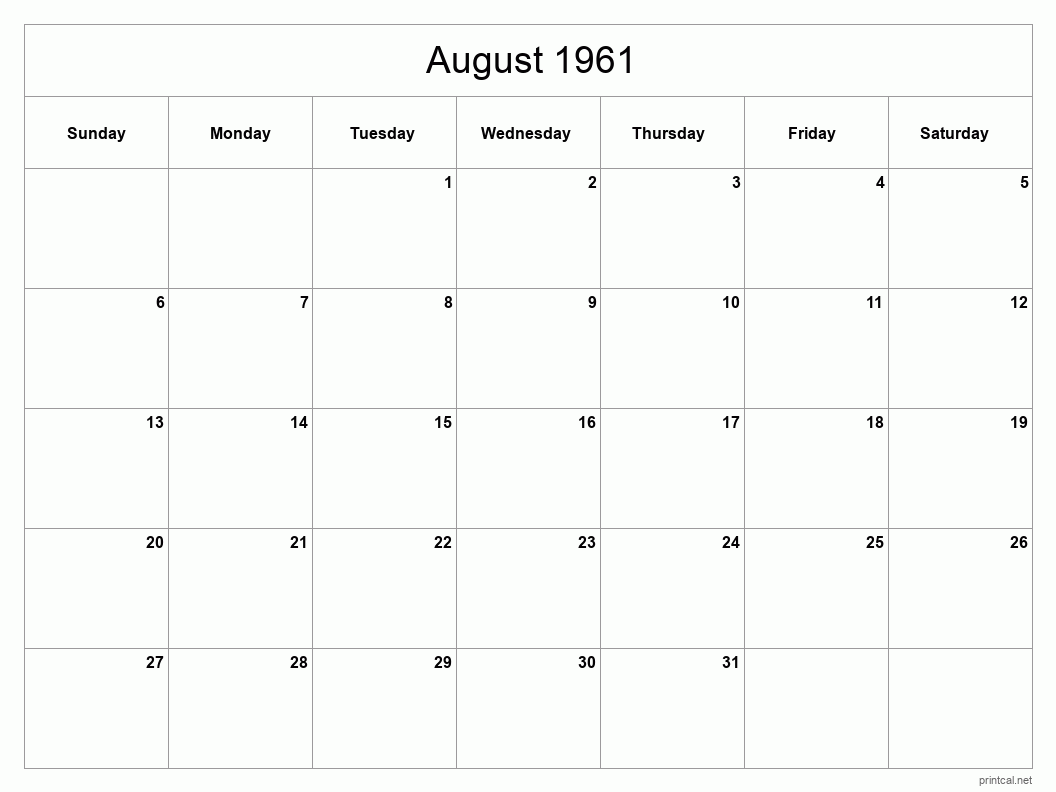 August 1961 Printable Calendar - Classic Blank Sheet