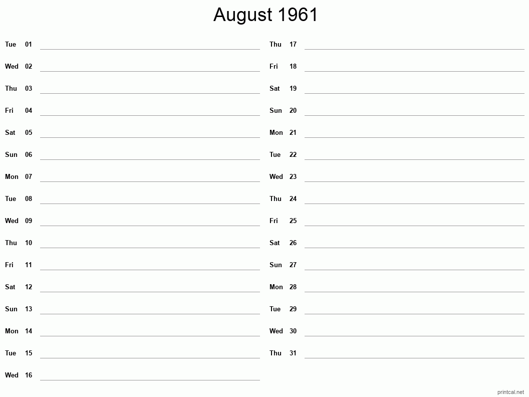 August 1961 Printable Calendar - Two Column Notesheet