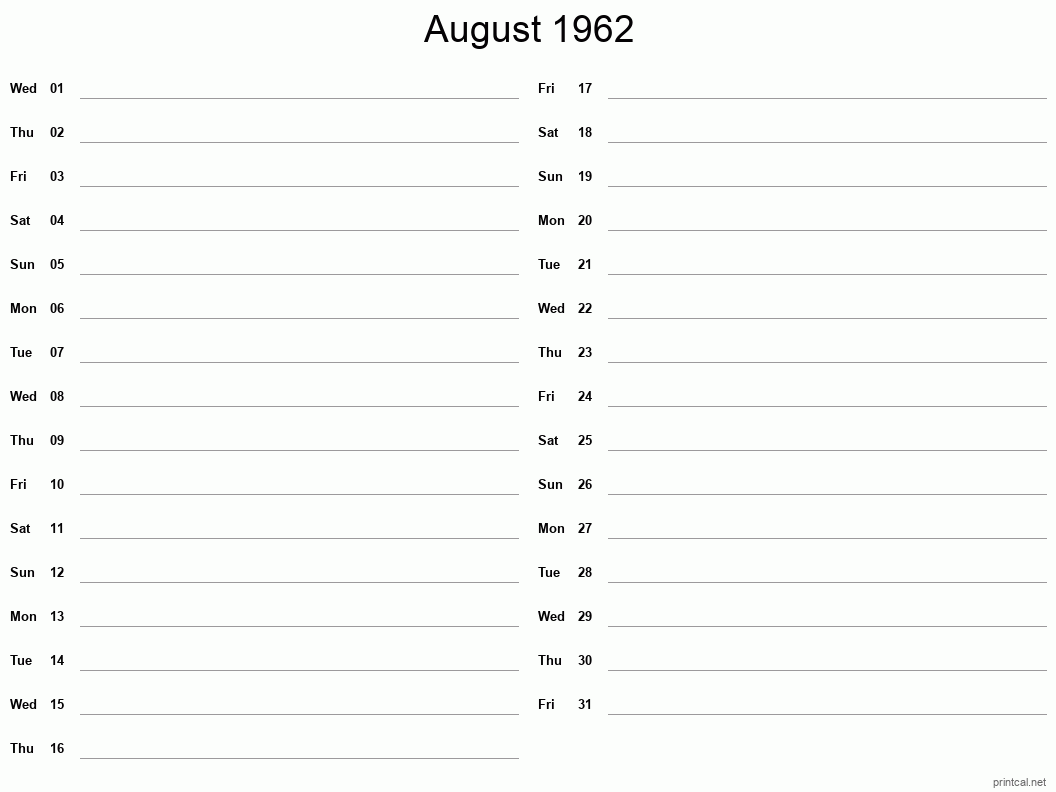 August 1962 Printable Calendar - Two Column Notesheet