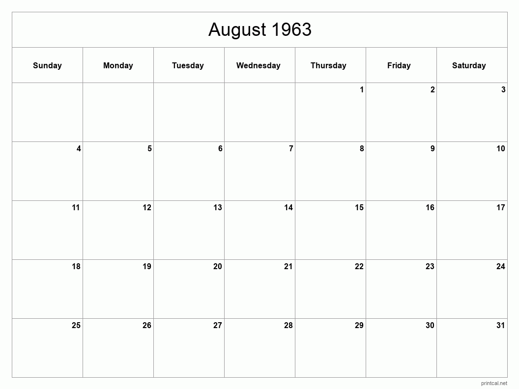 August 1963 Printable Calendar - Classic Blank Sheet