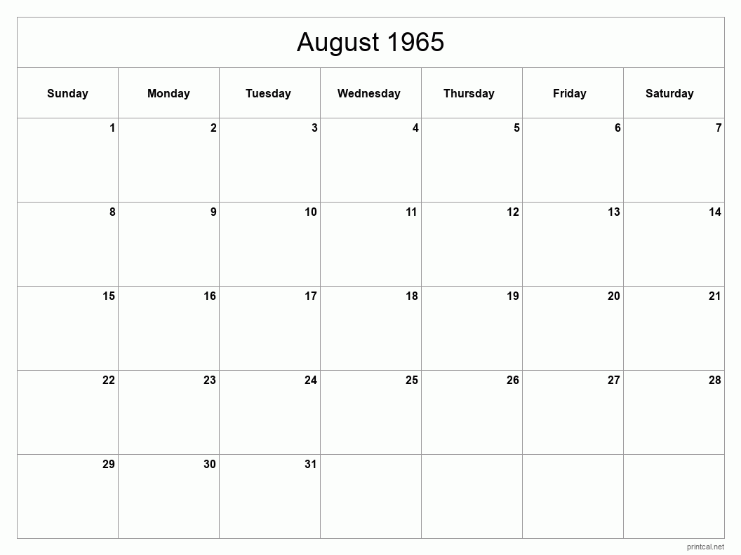 August 1965 Printable Calendar - Classic Blank Sheet