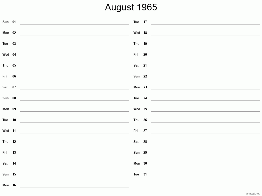 August 1965 Printable Calendar - Two Column Notesheet