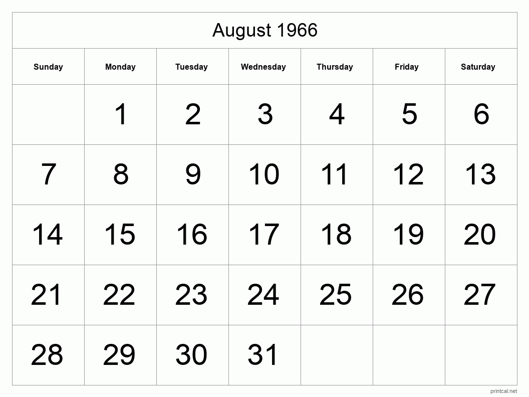 August 1966 Printable Calendar - Big Dates