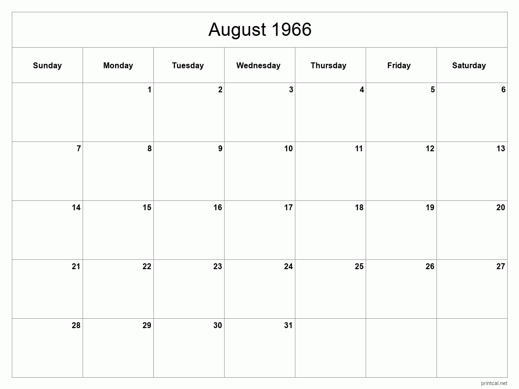 August 1966 Printable Calendar - Classic Blank Sheet